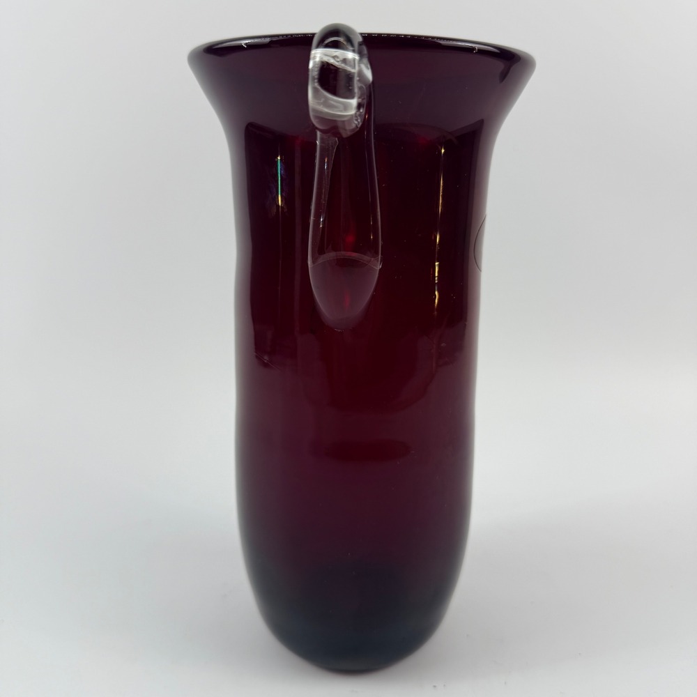 Blenko Ruby Red Glass Vase Non-Catalog Applied Clear Scroll Handles Silver Label - Picture 6 of 10